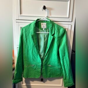 Vibrant Green Sherry Taylor Linen Blend Blazer with Zippered Pockets size MED